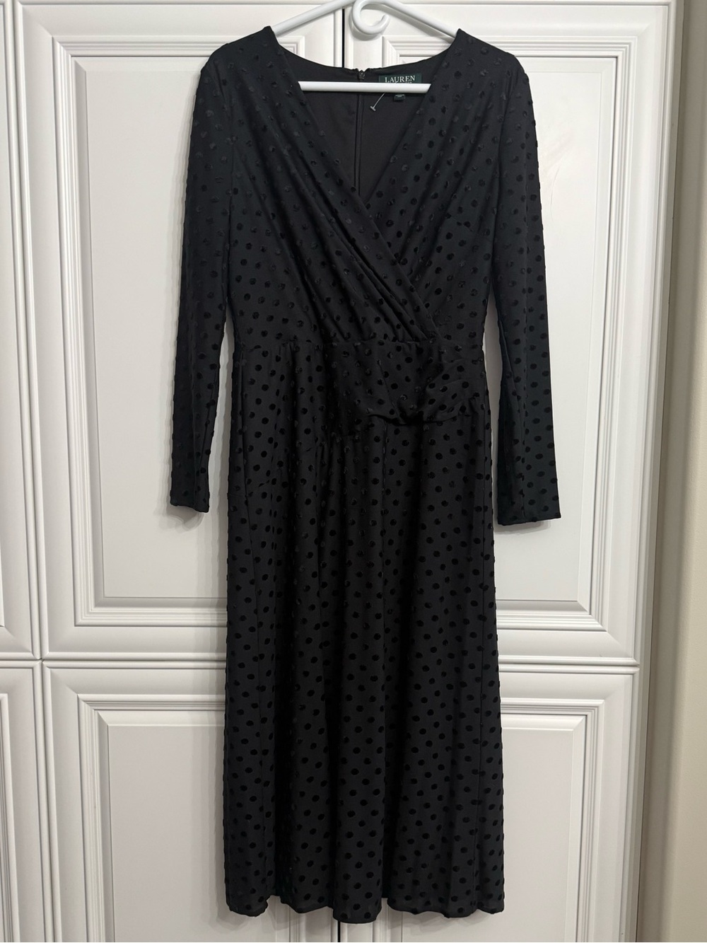 Lauren Ralph Lauren Black Velvet Clip Dot Faux Wrap Midi Dress V-Neck Size 10
